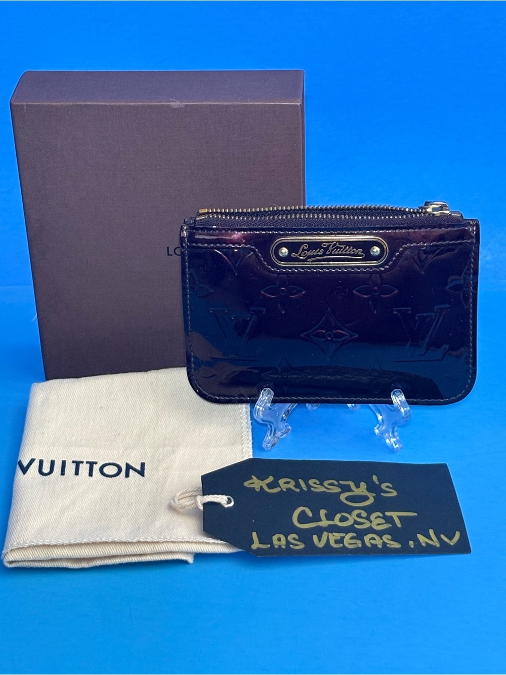 💜 Louis Vuitton Amarante Eggplant Monogram Vernis Key Cles Pouch 002